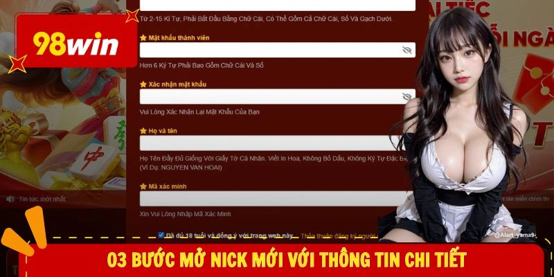 đăng ký 98WIN 2 03 bước mở nick mới với thông tin chi tiết